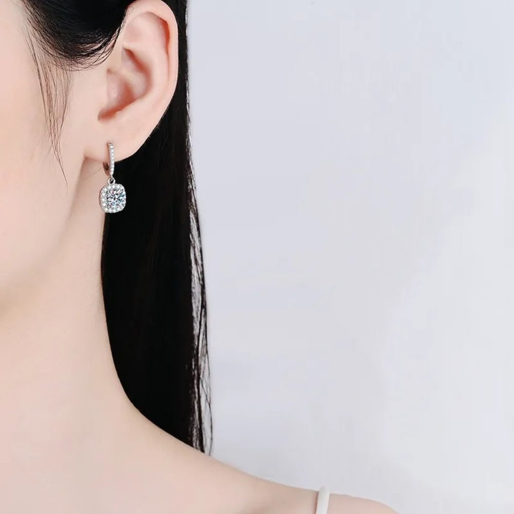 Certified 2ct. t.w. Moissanite Diamond Cushion Halo Drop Hoop Earrings NEW - Picture 3 of 12